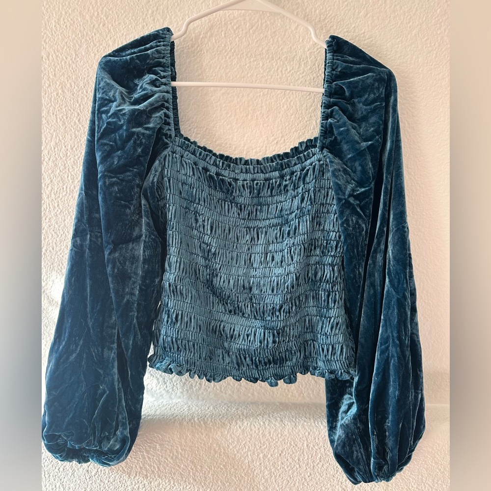 Anthropologie Velvet Smocked Blue Top